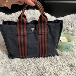 💯 HERMES Auth  Fool Toe PM Women's Canvas Handbag,Tote Bag Navy